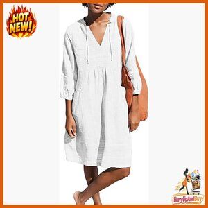 Cotton V-Neck Shift Tunic Dress Casual Loose Fit Oversized Summer Vacation